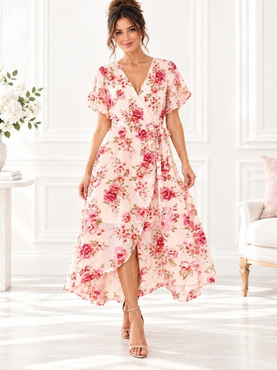 New Look Dresses & Skirts - New Look Pink Floral High Low Wrap Maxi Dress Romantic Feminine | Size XL